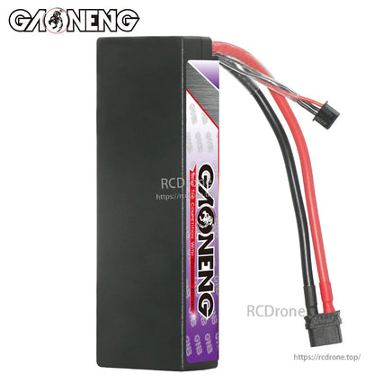 Side view of GAONENG GNB hard case battery showing plain black casing and leads