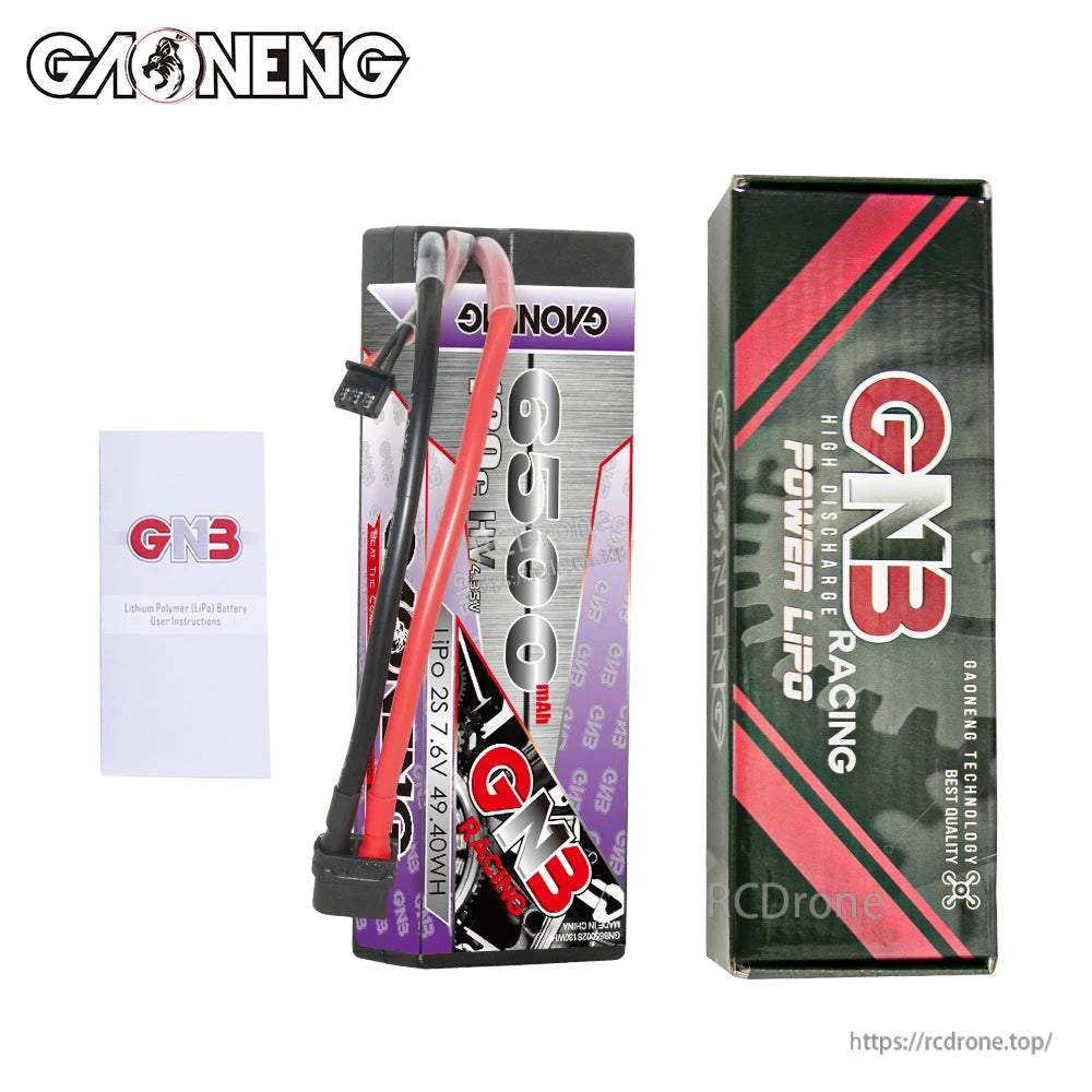 Package contents: GNB 6500mAh hard case battery, GNB Racing box, and instruction leaflet