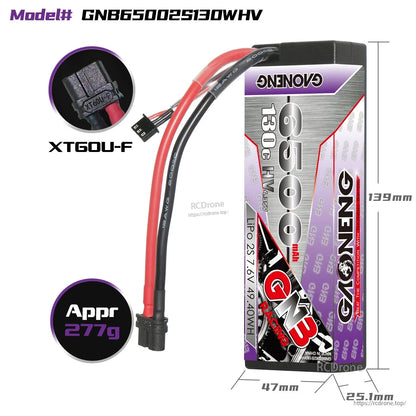 GNB65002S130WHV battery dimensions 139×47×25.1mm, approx 277g, XT60U-F connector shown