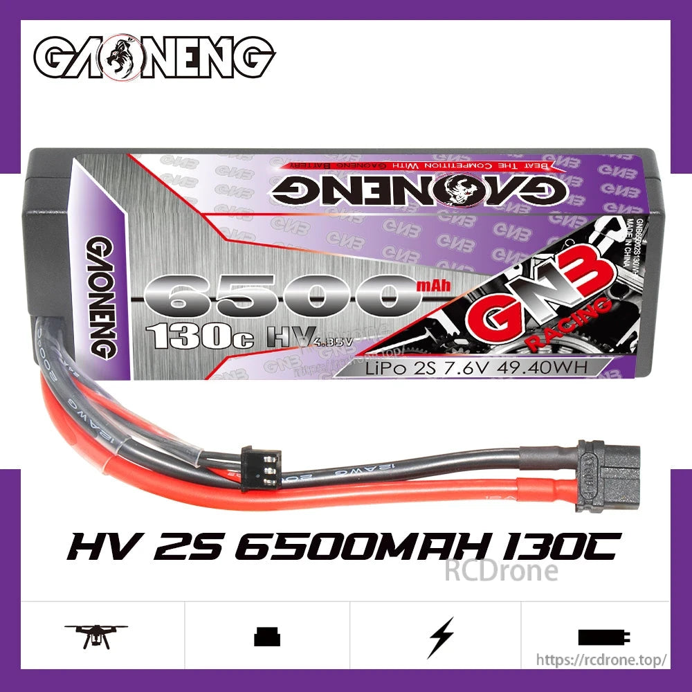 GAONENG GNB HV 2S 6500mAh 130C hard case battery product graphic with XT60 lead