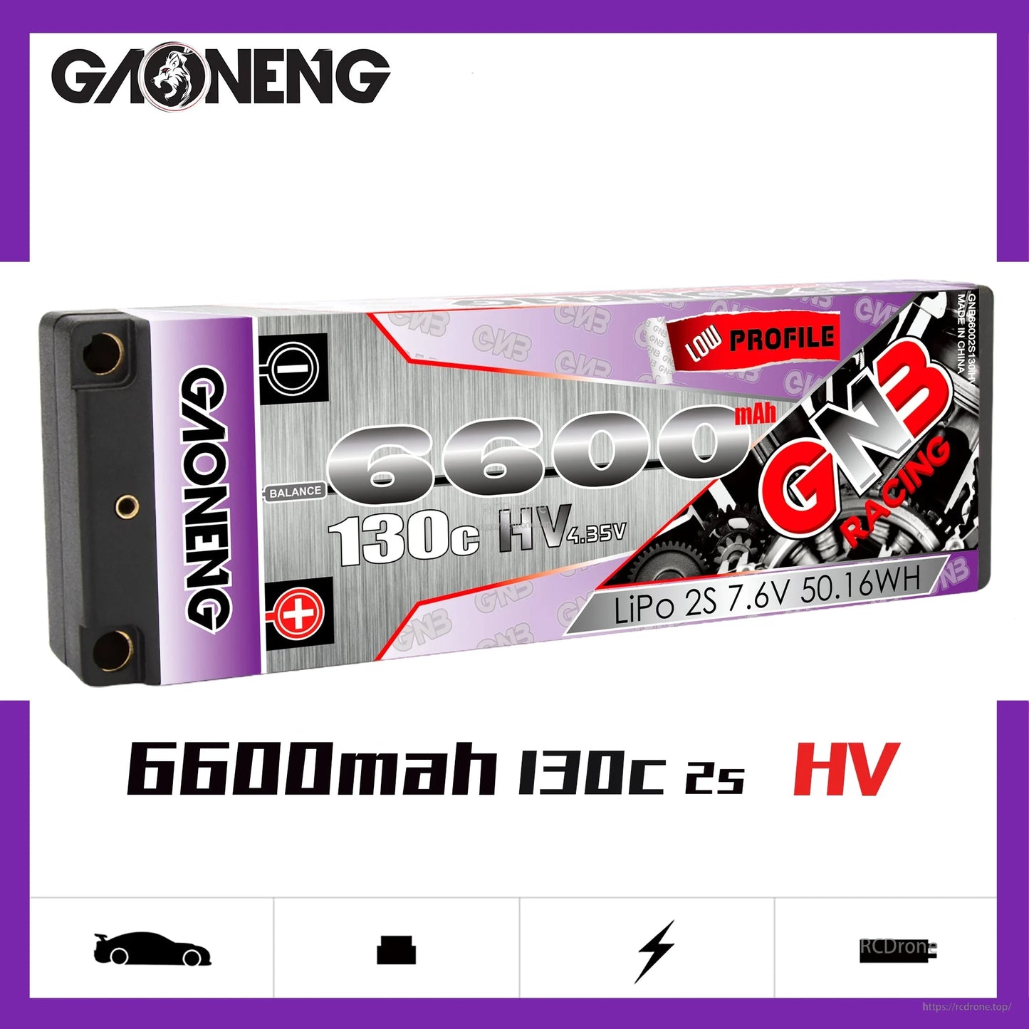 GAONENG GNB 6600mAh 130C 2S HV battery display graphic with icons and spec text