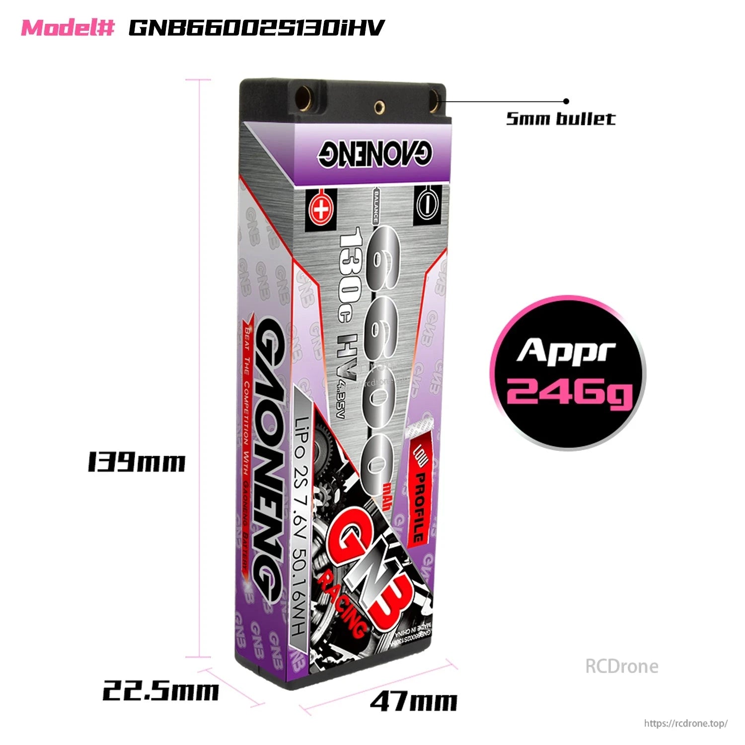 Battery size and weight diagram: 139mm x 47mm x 22.5mm, approx 246g, 5mm bullet