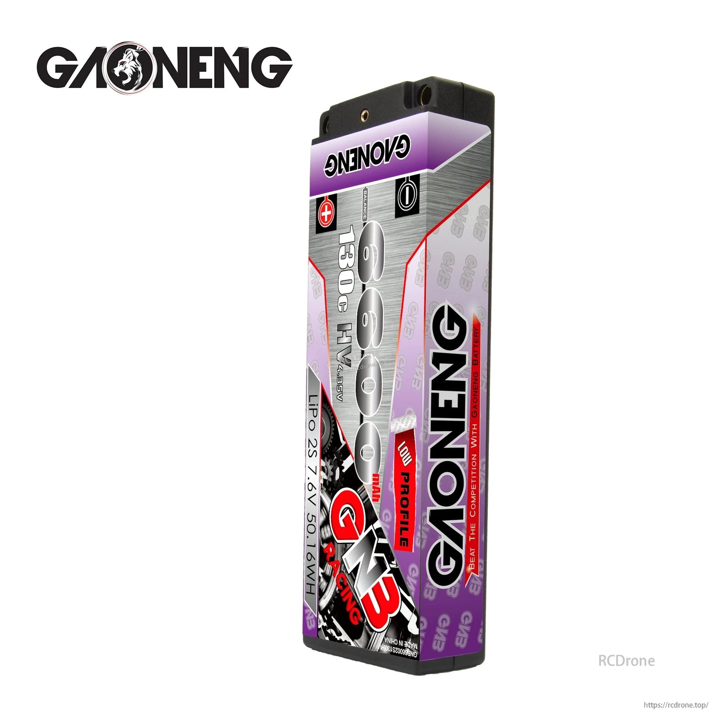 Side profile view of GAONENG GNB hard case LiHV battery showing case thickness and label