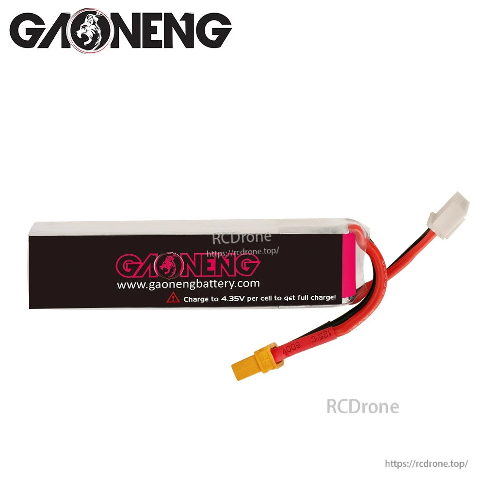 Rear label view showing gaonengbattery.com and charge to 4.35V per cell warning, XT30 lead