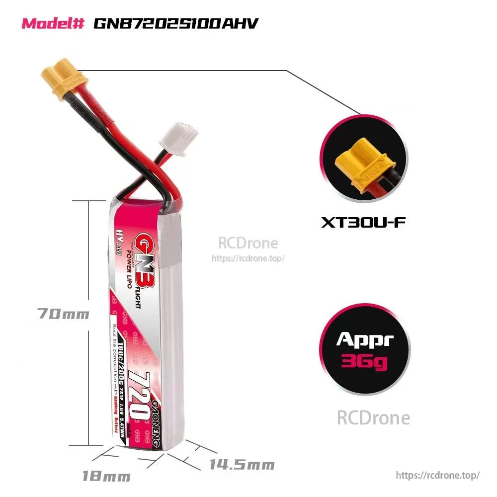 Battery size and weight diagram: 70 x 18 x 14.5 mm, approx 36 g, XT30U-F connector shown