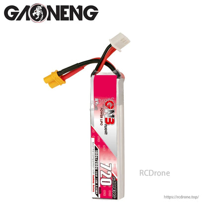 GAONENG GNB 720mAh LiHV battery upright front label view with XT30 lead