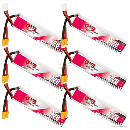 Six GNB 720mAh LiHV batteries arranged diagonally, XT30 connectors and balance leads visible