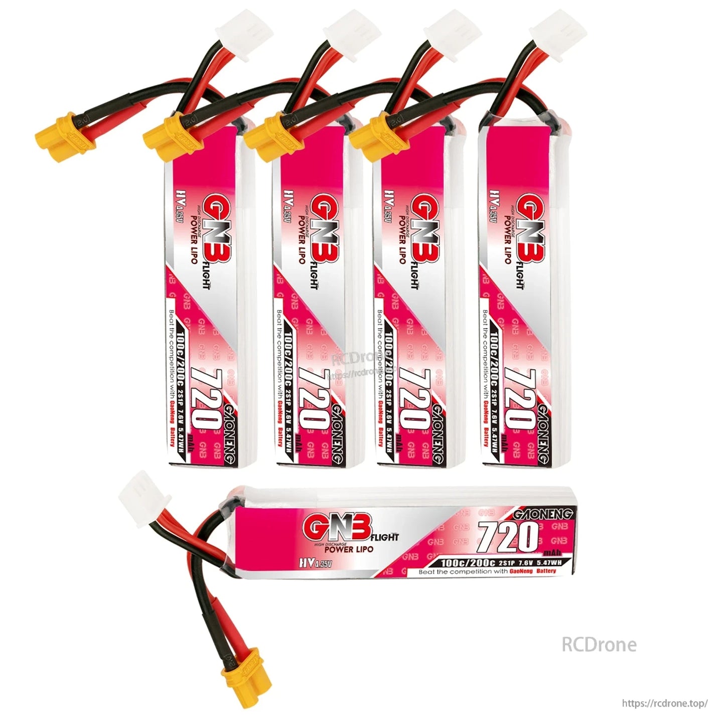 Multi-pack layout: four GNB 720mAh batteries upright plus one battery horizontal showing label