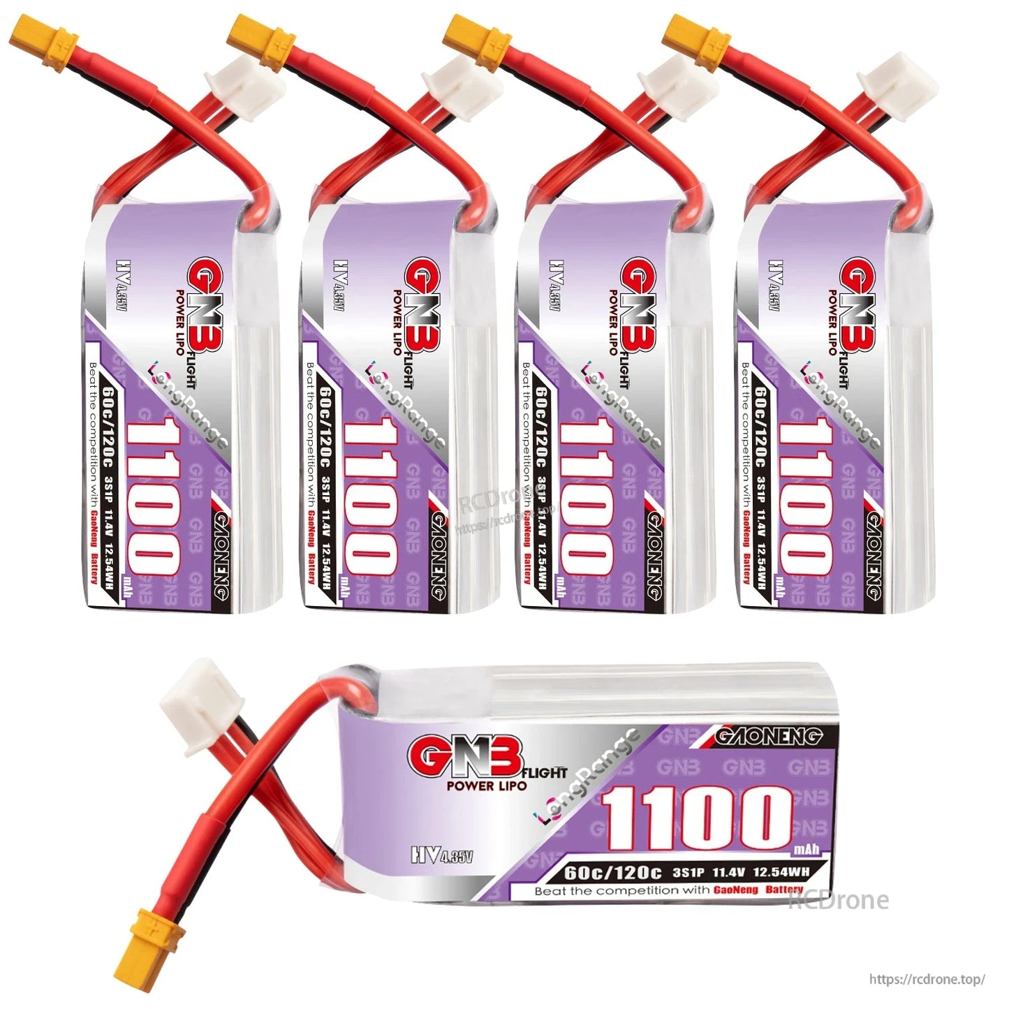 Bundle display: four GNB 1100mAh batteries plus one horizontal side-view battery with XT30 lead
