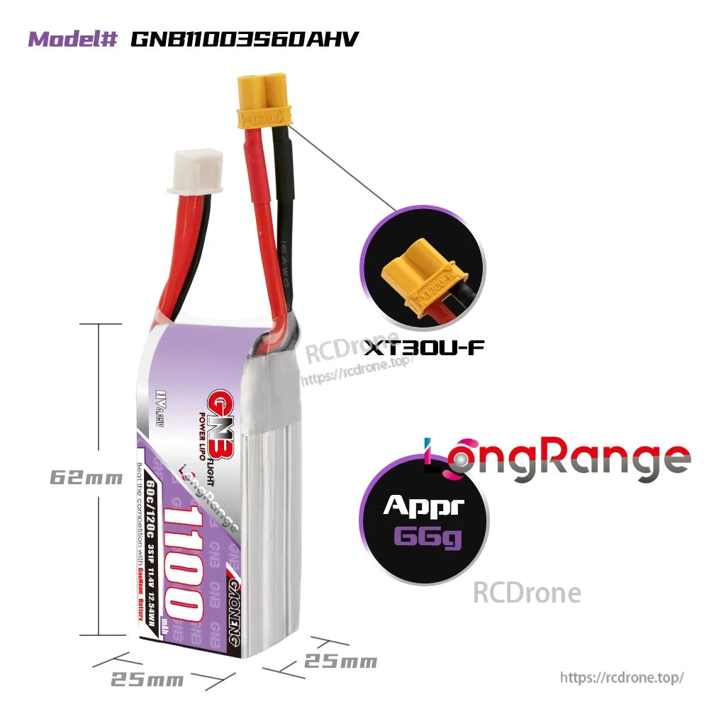GNB 1100mAh 3S LiHV battery with dimensions graphic and XT30U-F connector callout