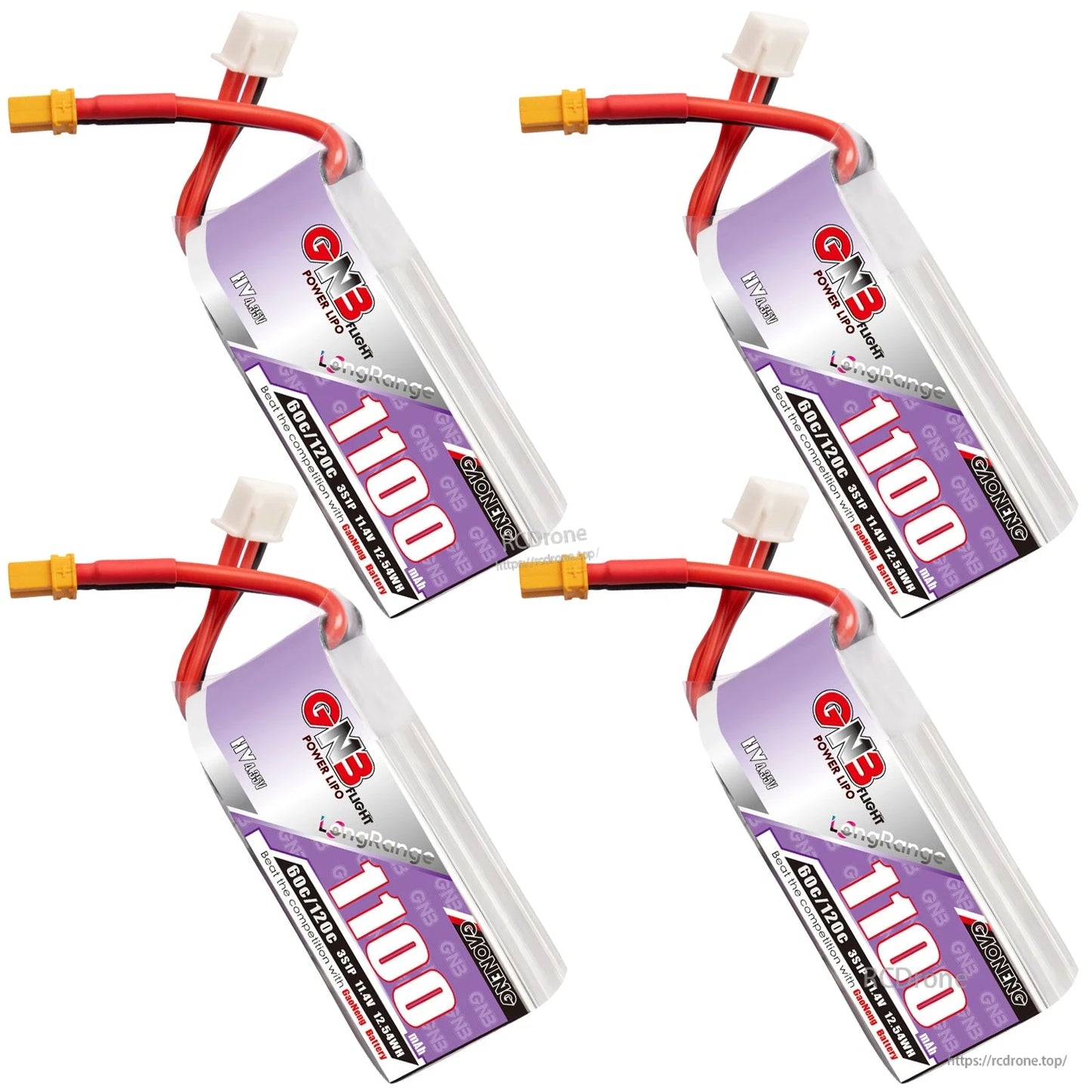 Four GNB 1100mAh LiHV batteries shown at angles, front label and connectors visible