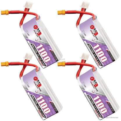 Four GNB 1100mAh LiHV batteries shown at angles, front label and connectors visible