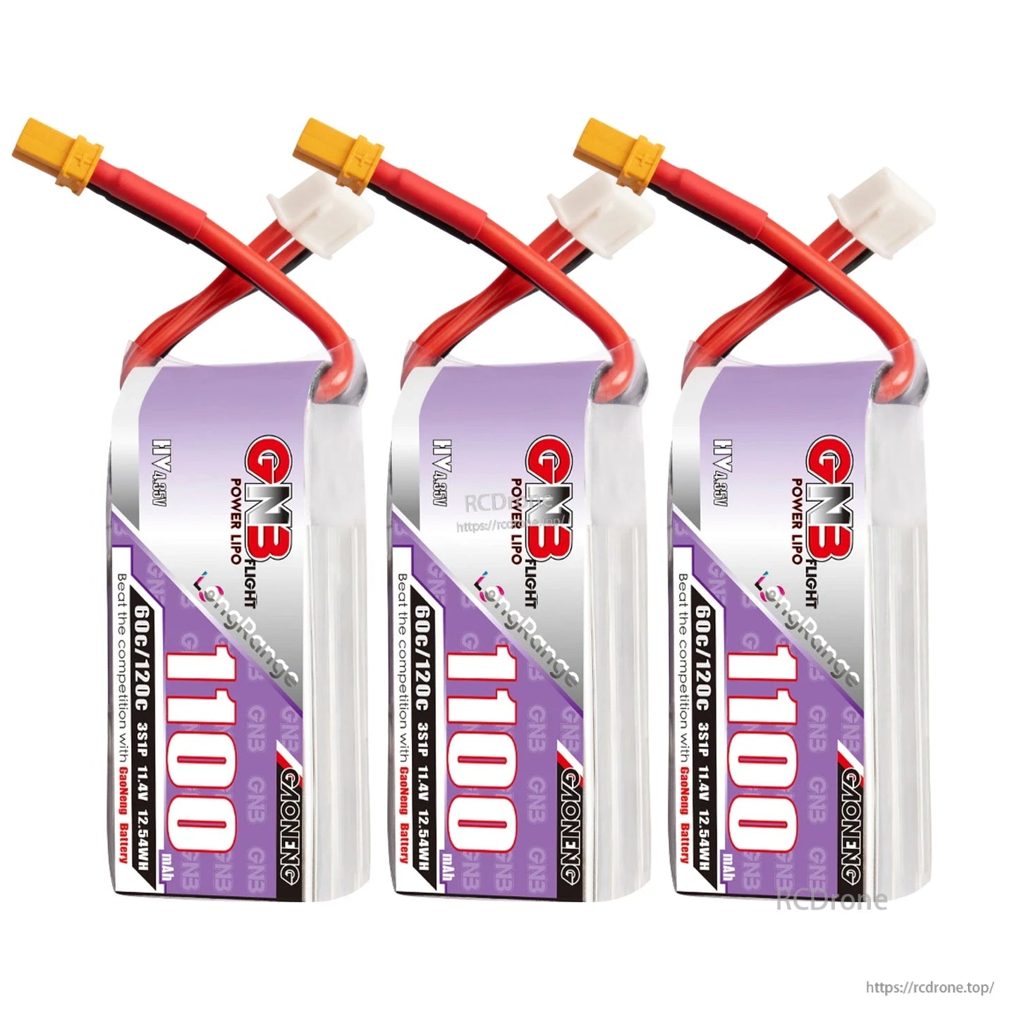 Three GNB 1100mAh 3S LiHV batteries shown together, front label view with XT30 leads
