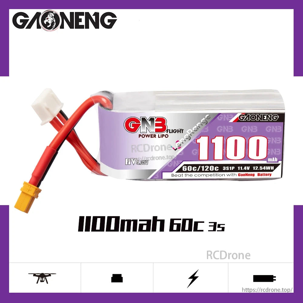 Side profile of GAONENG GNB 1100mAh 60C 3S battery with XT30 lead, spec graphic background