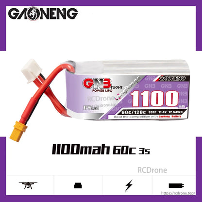 Side profile of GAONENG GNB 1100mAh 60C 3S battery with XT30 lead, spec graphic background