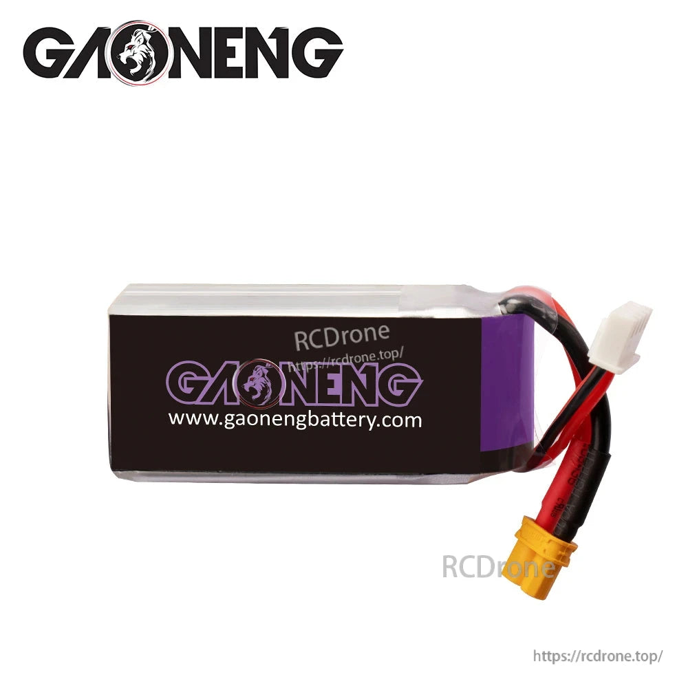 Back side of GAONENG battery showing GAONENG logo panel and attached XT30 and balance leads