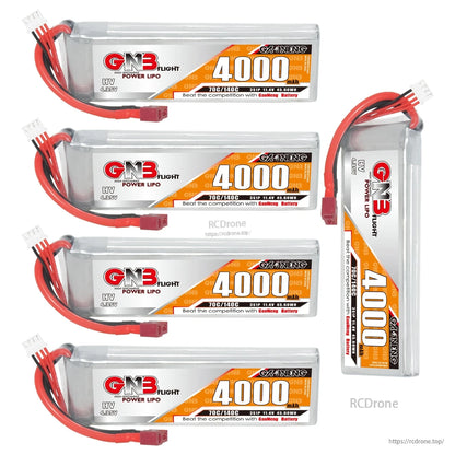 Bundle layout with four horizontal GNB 4000mAh LiHV batteries plus one vertical pack, T-plug leads