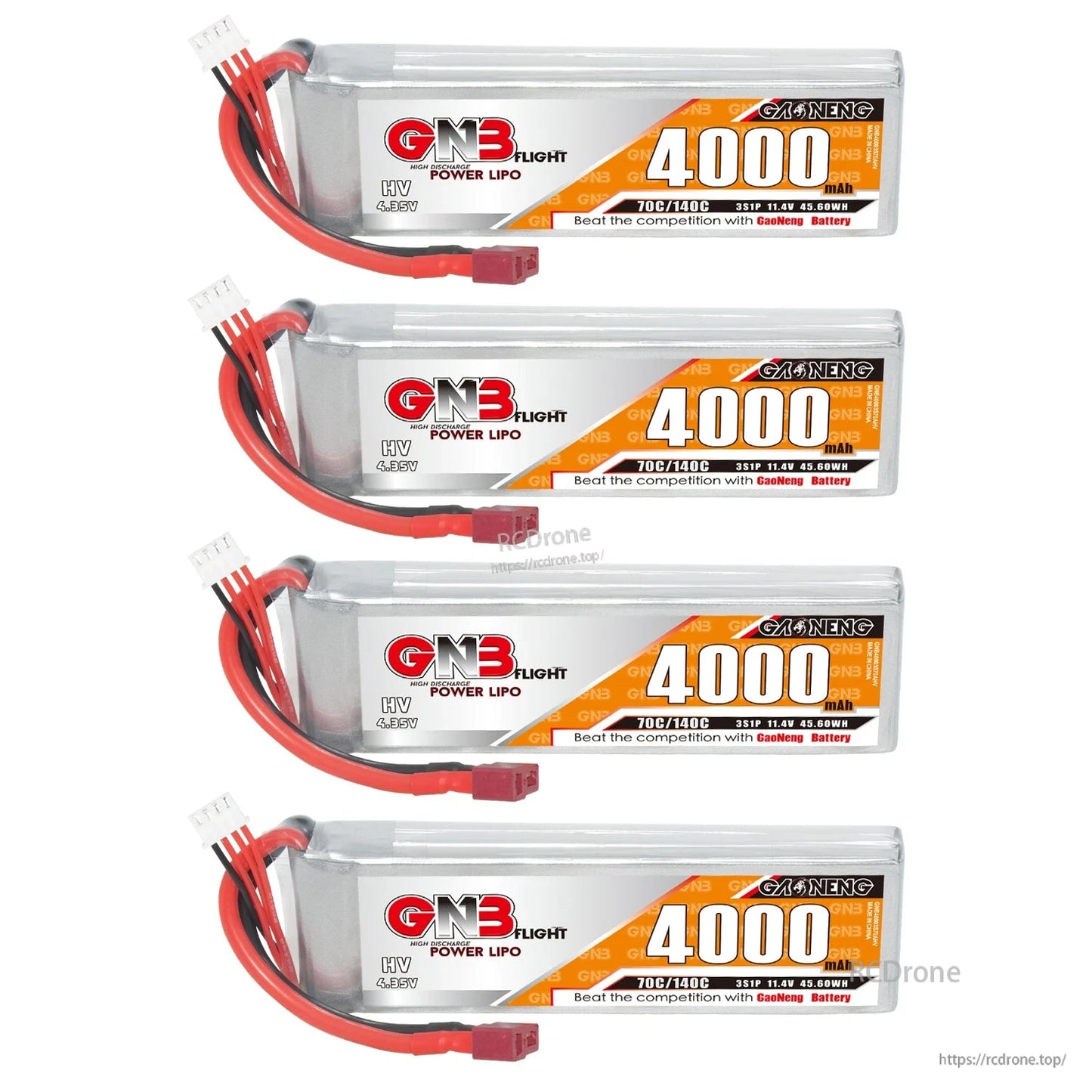 Four GNB 4000mAh LiHV LiPo batteries with T-plug connectors shown in a vertical stack