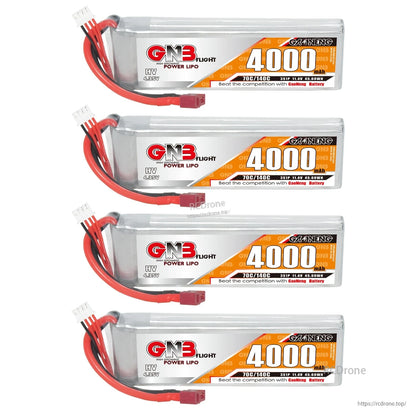 Four GNB 4000mAh LiHV LiPo batteries with T-plug connectors shown in a vertical stack