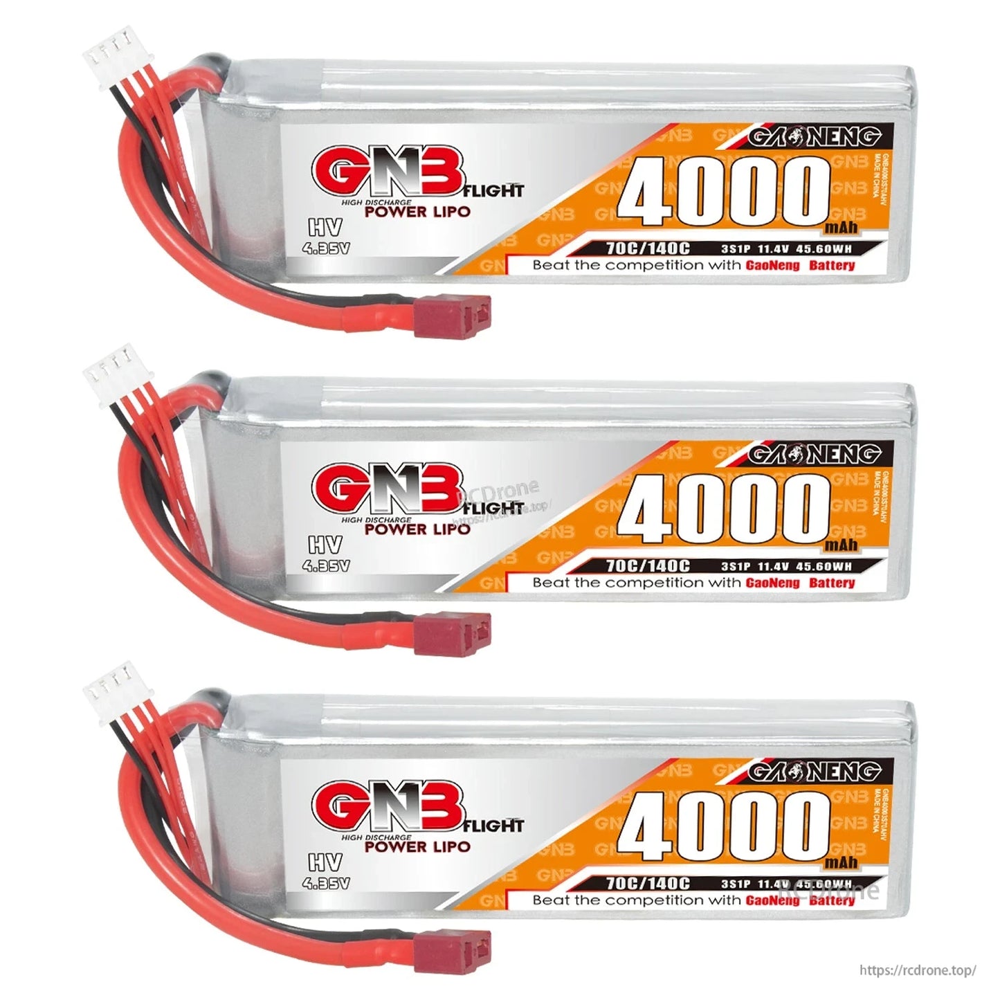 Three-pack display of GNB 4000mAh LiHV LiPo batteries with T-plug leads, stacked view