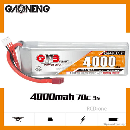 GAONENG GNB 4000mAh 70C 3S LiHV battery label graphic with T-plug lead shown
