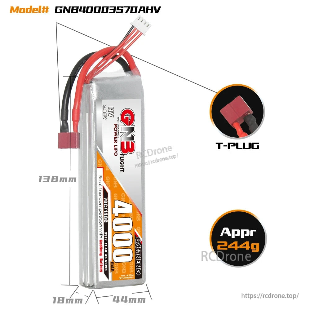 GNB 4000mAh LiHV battery dimensions diagram 138×44×18mm with T-PLUG connector close-up
