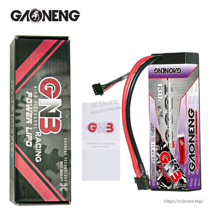 Package contents: GNB Racing box, 3S hard case battery, and user instructions card