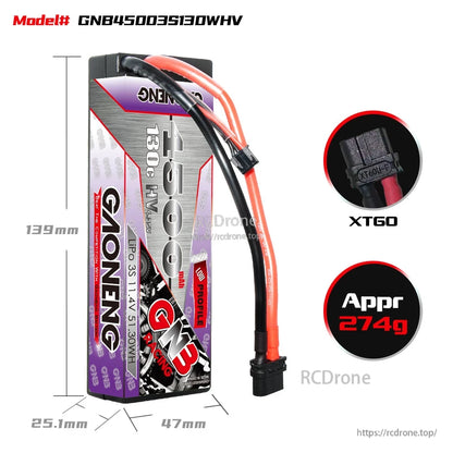 Battery dimensions chart 139×47×25.1mm with XT60 connector close-up and approx 274g weight