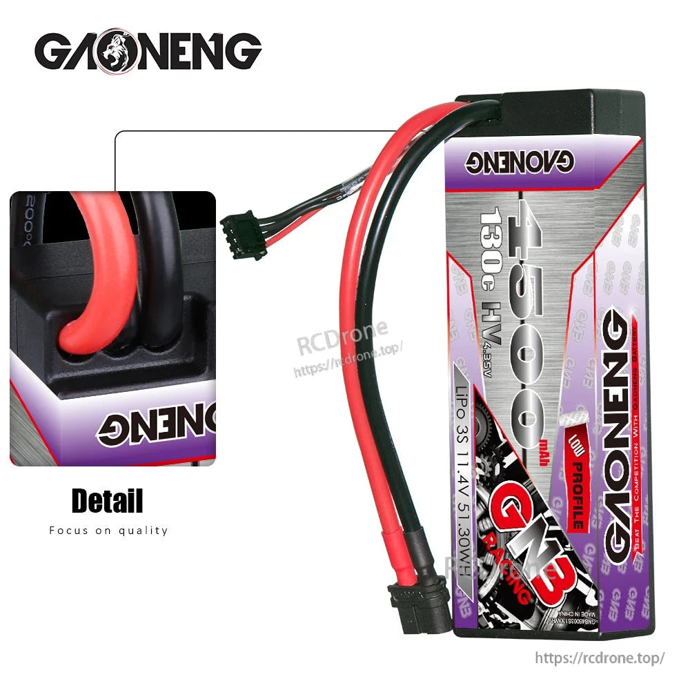 Close-up detail of hard case wire exit and strain relief on GAONENG GNB LiPo battery