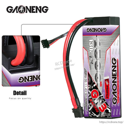 Close-up detail of hard case wire exit and strain relief on GAONENG GNB LiPo battery