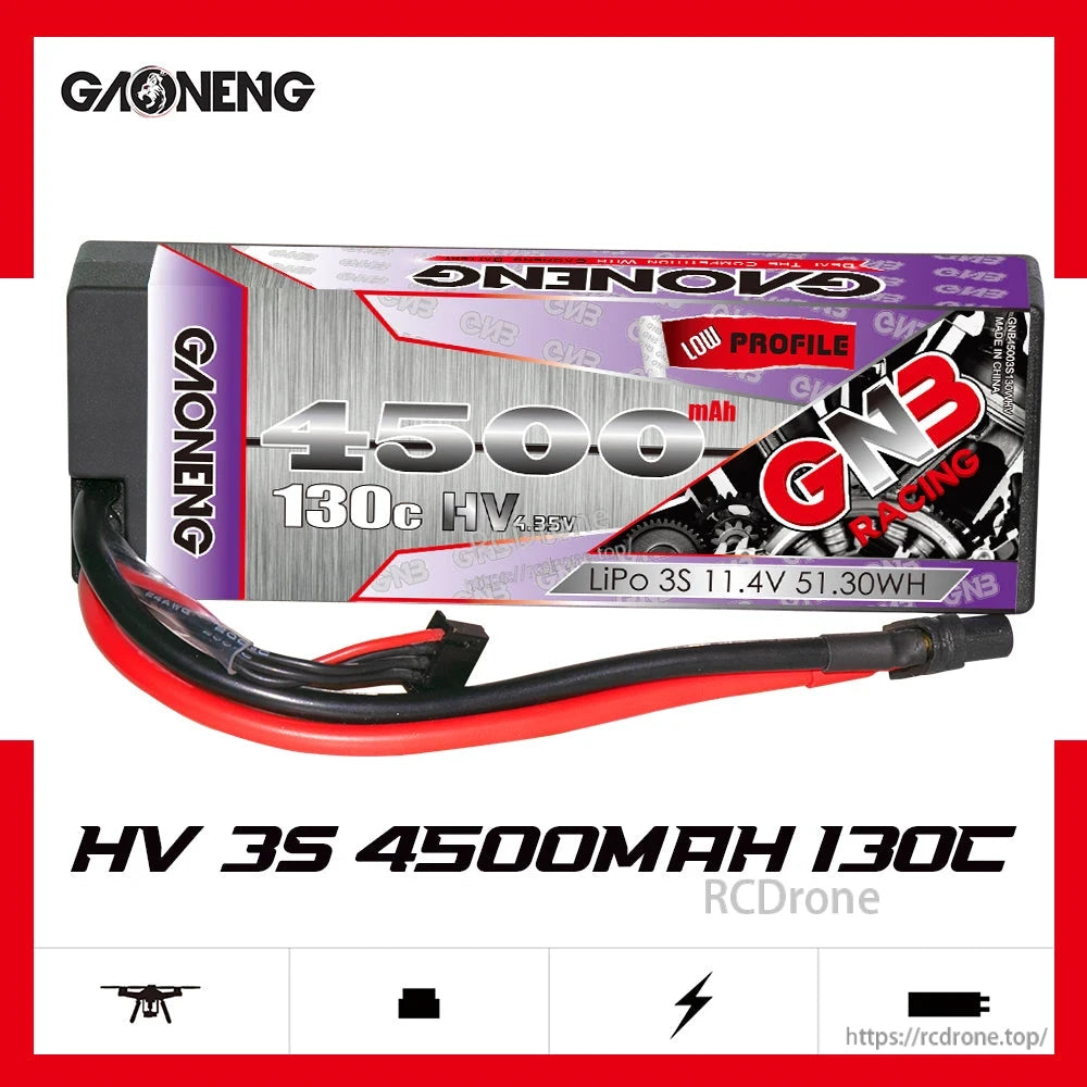 Side view of GAONENG GNB LiHV 3S 4500mAh 130C hard case LiPo battery with cables