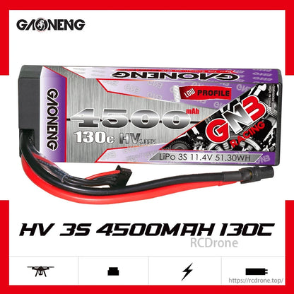 Side view of GAONENG GNB LiHV 3S 4500mAh 130C hard case LiPo battery with cables