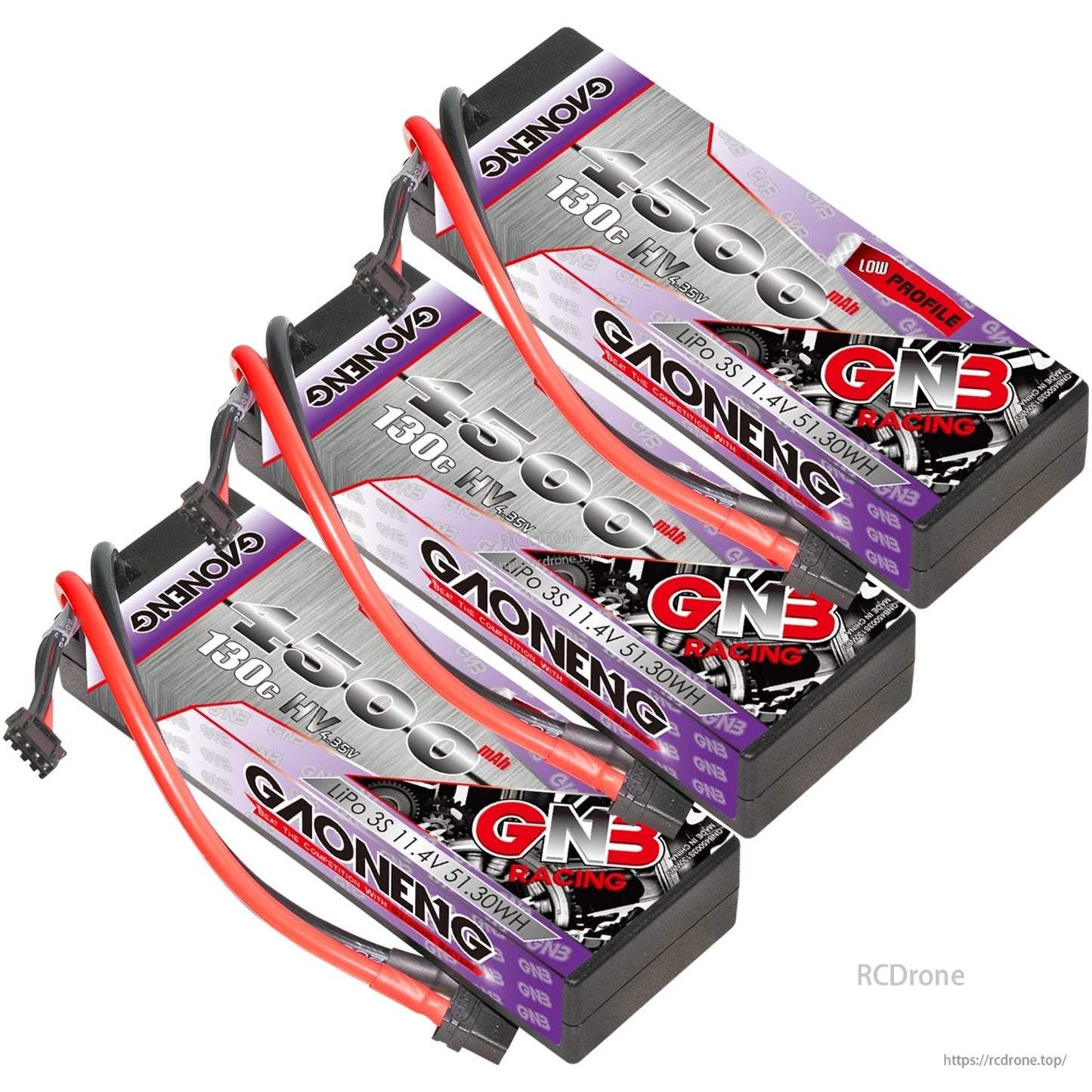 Three GNB 4500mAh 3S LiHV hard case batteries stacked with XT60 leads visible