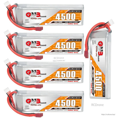 Four GNB 4500mAh packs plus one upright side-view battery, showing label and connector leads