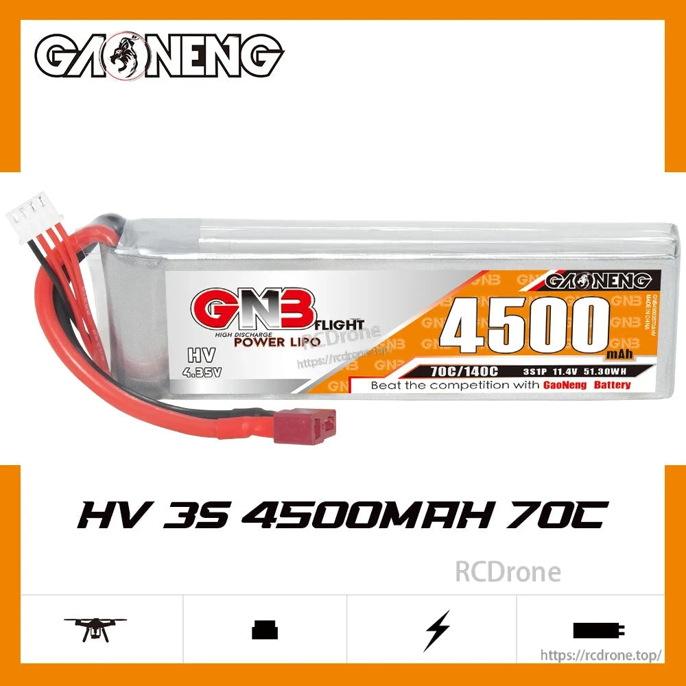 GNB HV 3S 4500mAh 70C/140C battery label graphic showing 11.4V rating and branding