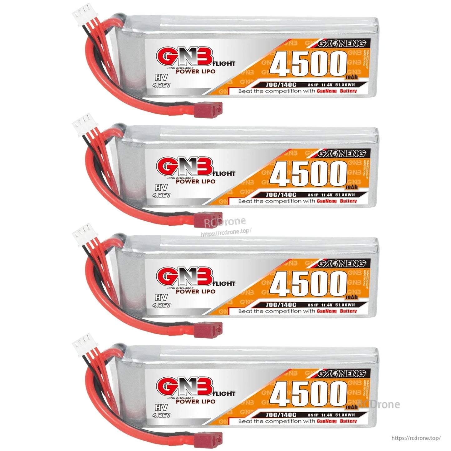 Four GNB 4500mAh HV 3S LiPo batteries set, connectors and balance leads visible on each pack