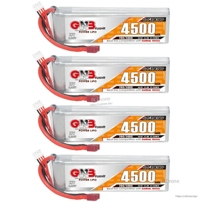 Four GNB 4500mAh HV 3S LiPo batteries set, connectors and balance leads visible on each pack