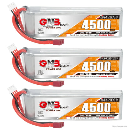 Three GNB 4500mAh HV 3S LiPo batteries lined up, each with T-plug and white balance lead