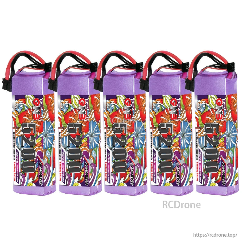 Five-pack bundle: five GNB 5200 LiHV 3S batteries lined up, front label view