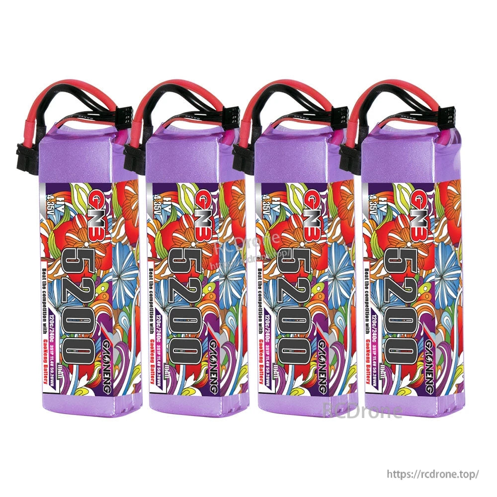 Four-pack bundle: four GNB 5200 LiHV 3S batteries lined up, front label view