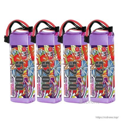 Four-pack bundle: four GNB 5200 LiHV 3S batteries lined up, front label view