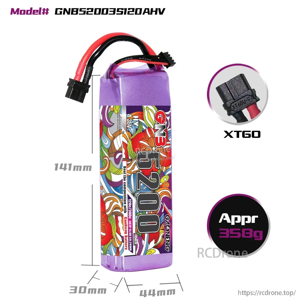 GNB52003S120AHV dimensions graphic with XT60 plug close-up and approximate 358g weight