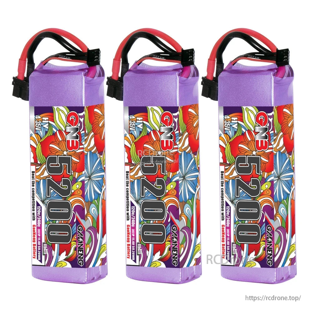 Three-pack bundle: three GNB 5200 LiHV 3S batteries lined up, front label view