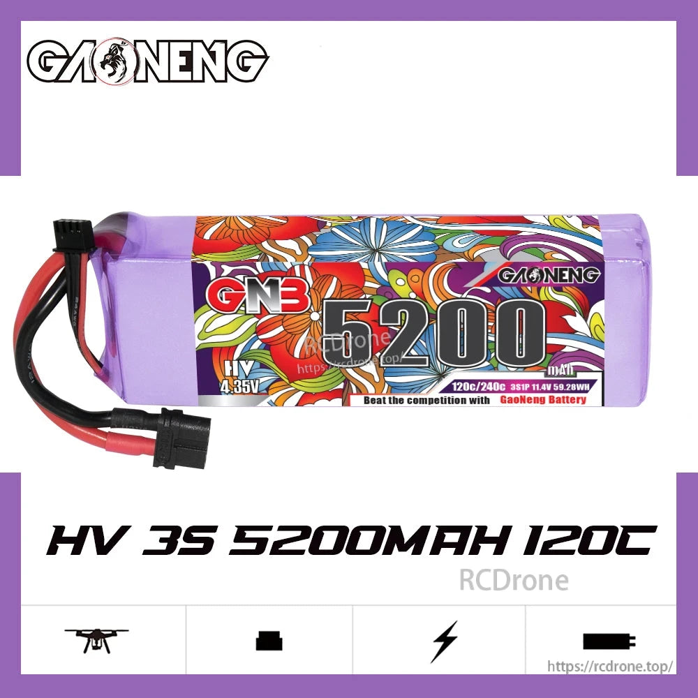 GNB HV 3S 5200mAh 120C LiPo battery banner graphic showing full pack and branding