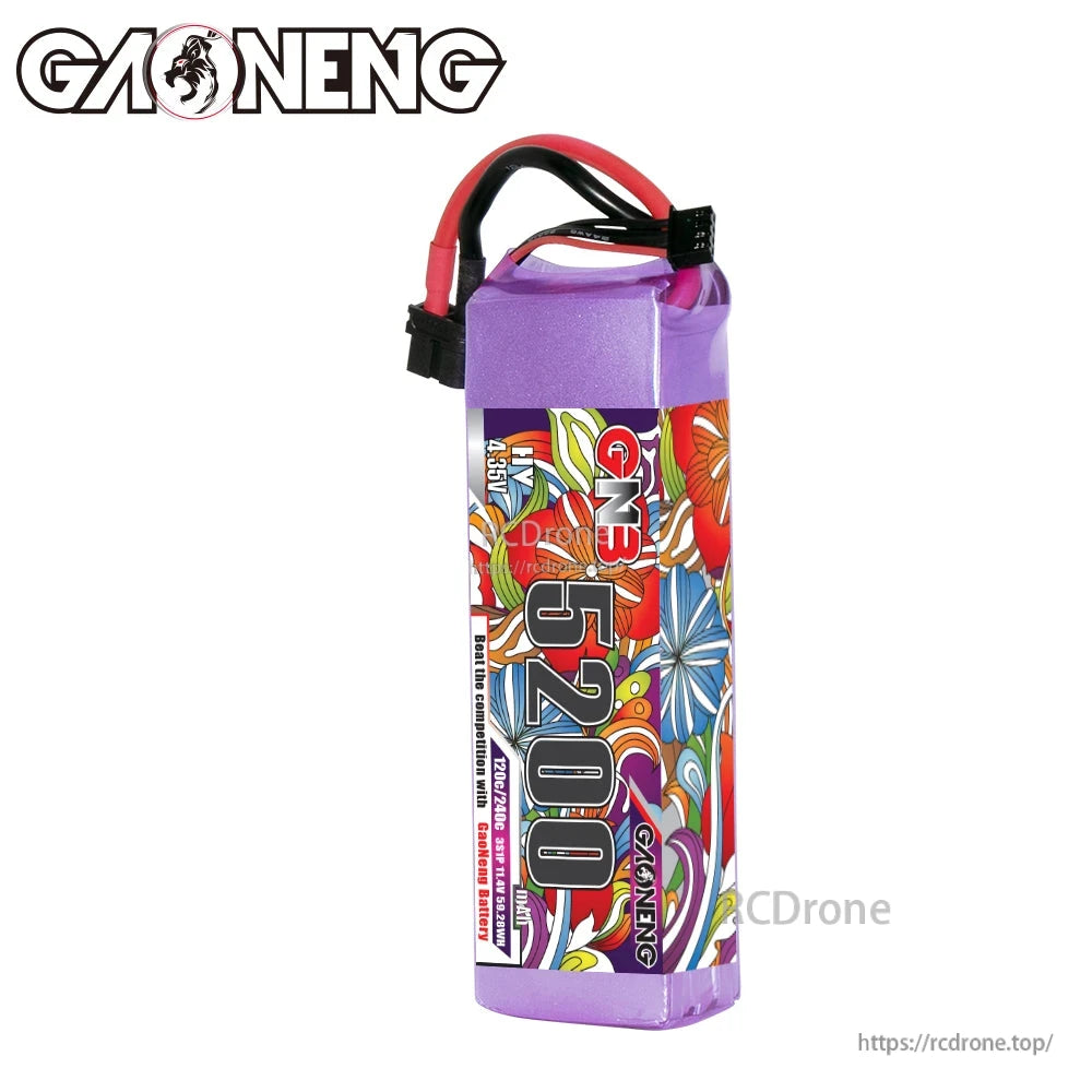 Single GNB 5200 battery front label view with main power lead and balance connector