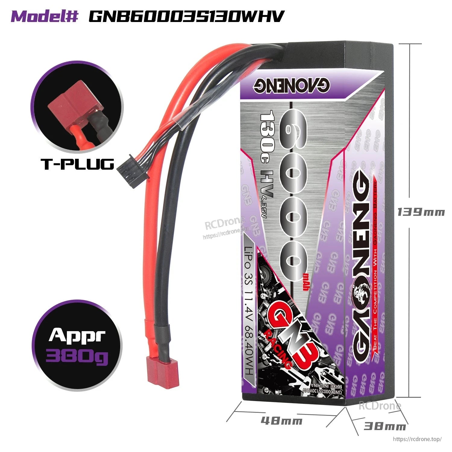 GNB60003S130WHV battery dimensions diagram with T-plug connector close-up and approx 380g weight