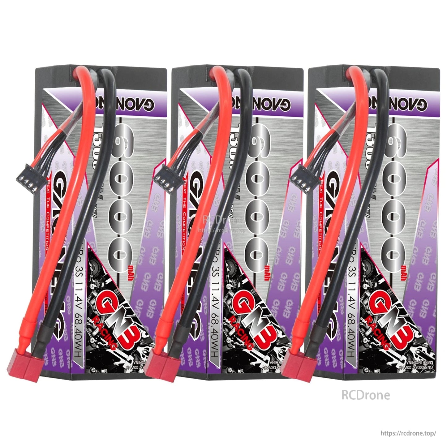 Three GAONENG GNB HV 3S 6000mAh hard case batteries shown together, each with T-plug lead