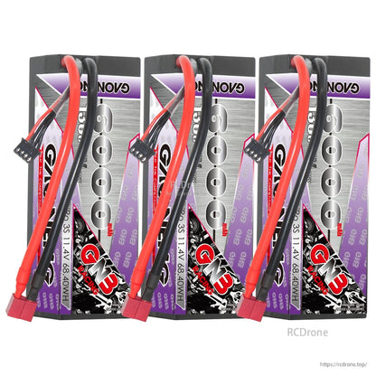 Three GAONENG GNB HV 3S 6000mAh hard case batteries shown together, each with T-plug lead