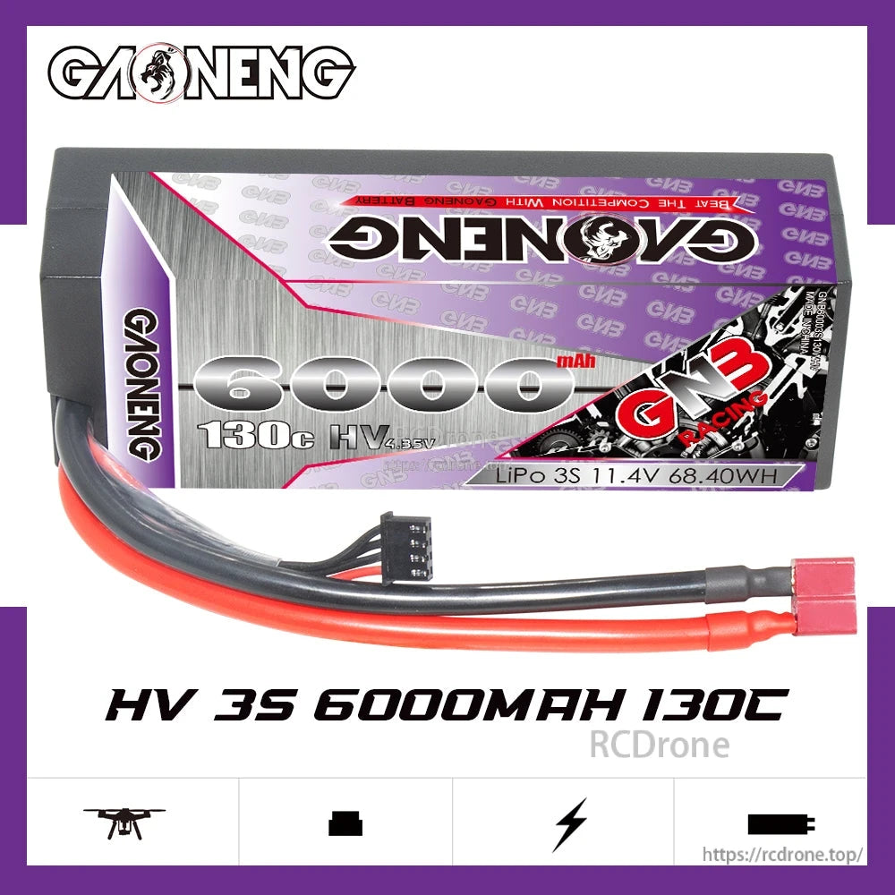 GAONENG GNB HV 3S 6000mAh 130C battery pack label showing LiPo 3S 11.4V 68.40Wh
