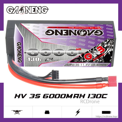 GAONENG GNB HV 3S 6000mAh 130C battery pack label showing LiPo 3S 11.4V 68.40Wh
